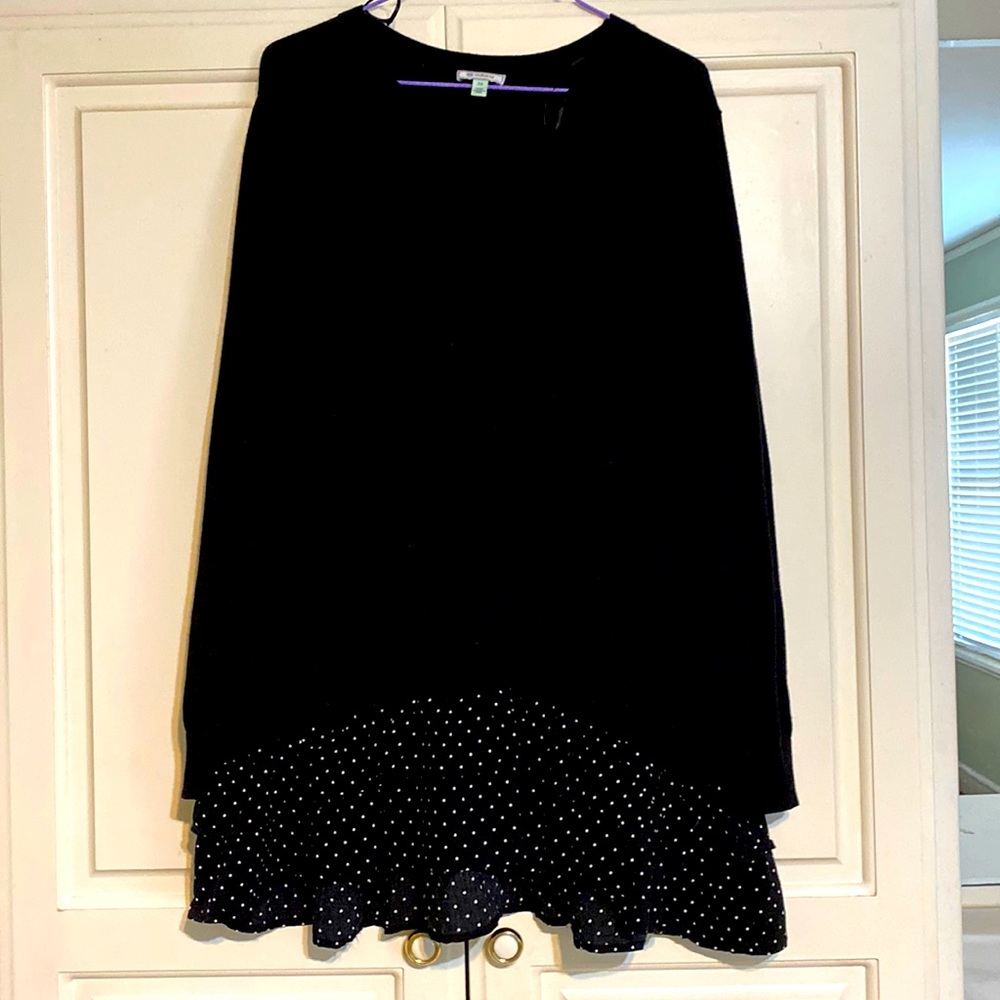 Black sweater with fluttery polka dot hem